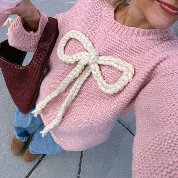 Pink Casual Women's Round Neck Chest Tie Bow Design Long-Sleeved Knit Pullover - Picture 2 of 3